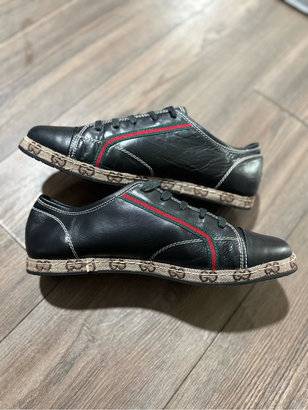 Vintage Gucci Black Leather Web Stripe Sneakers Shoes Size 43 Made In Italy - Picture 2 of 11